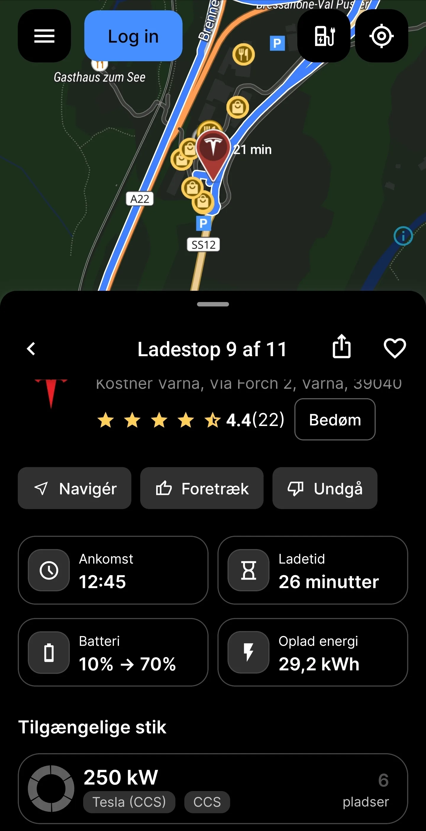 ABRP ladestop detalje - stop 9 af 11 i Sydtyrol