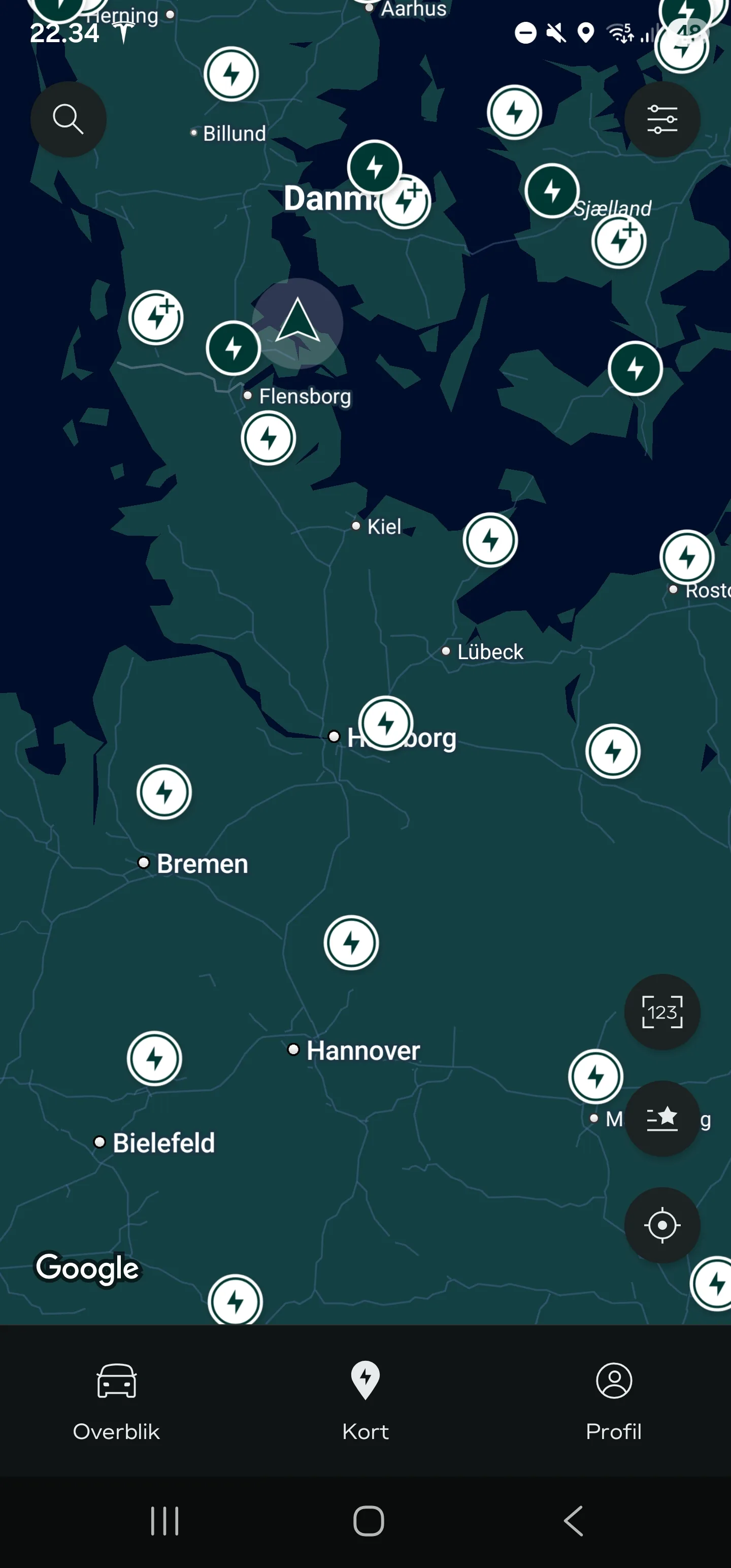 Clever app kortvisning med ladestandere i Danmark og Nordtyskland