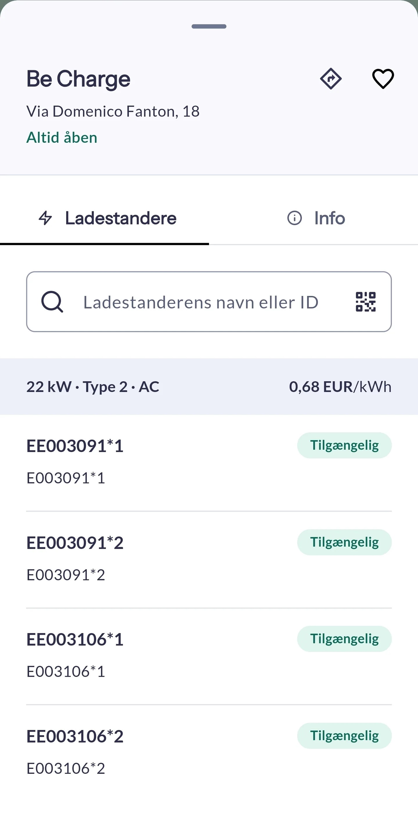 Monta app viser Be Charge ladestander i Italien med pris